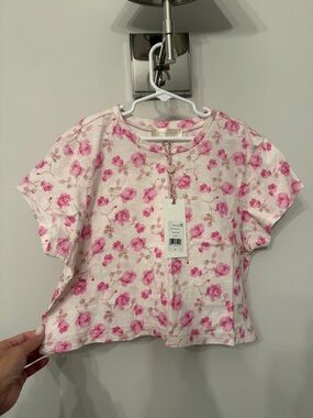 LoveShackFancy Girls Short Sleeve Tee in Pink Rose Print